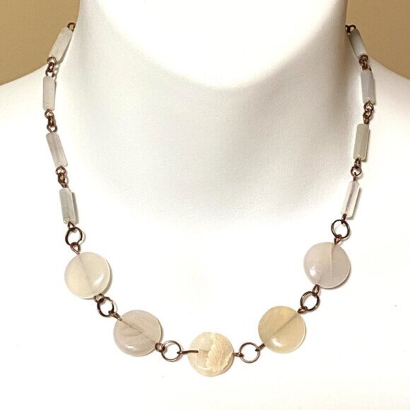 Geometric Round Agate Necklace, Rustic Genuine Gemstone Copper Link Necklace - Picture 2 of 9